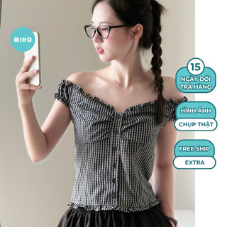 Áo kiểu body trễ vai viền bèo kẻ caro Miho House