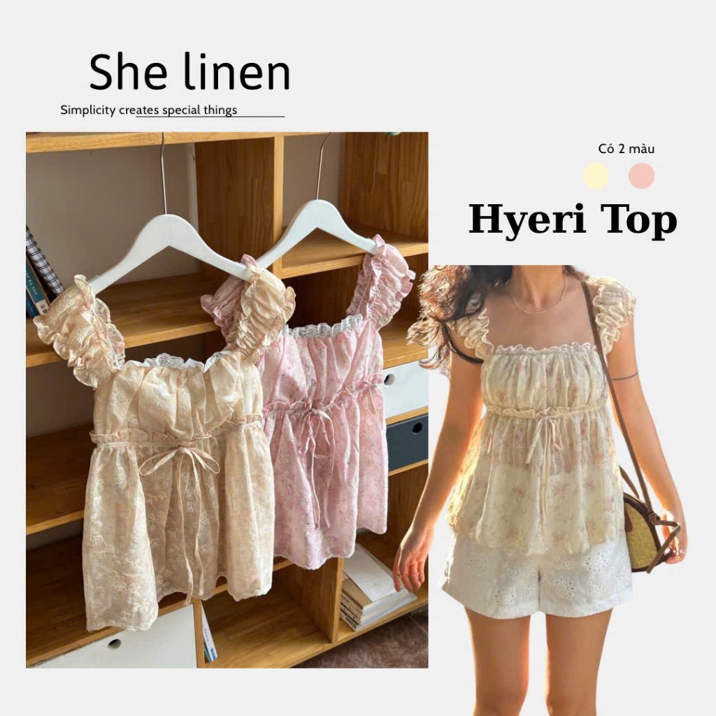 HYERI TOP- เธอเสื้อลูกไม้ลายดอกไม้ผ้าลินิน