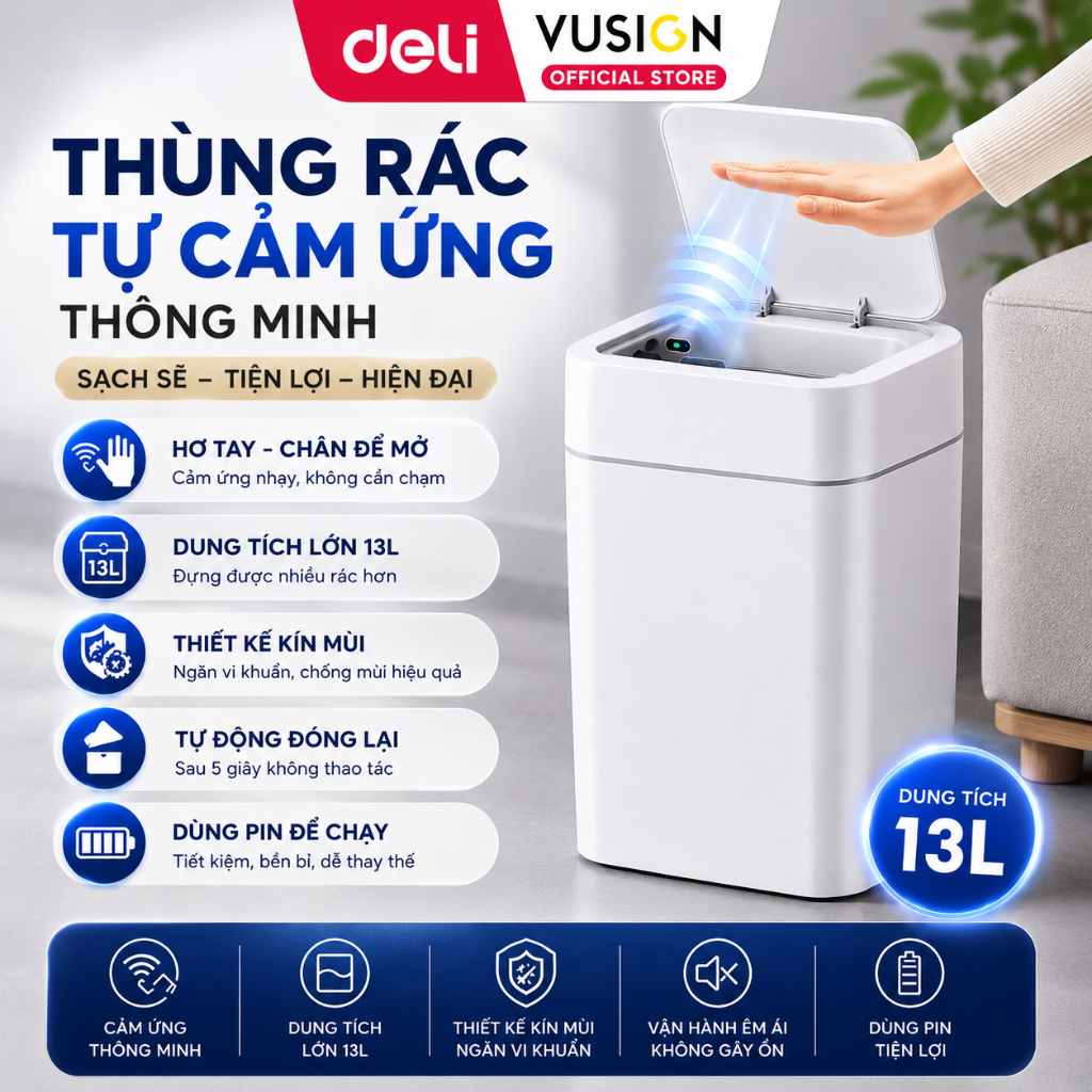 ถังขยะสัมผัสอัจฉริยะ Deli Vusign เปิดและปิดอัตโนมัติ - เซ็นเซอร์มือและเท้าคุณภาพสูง