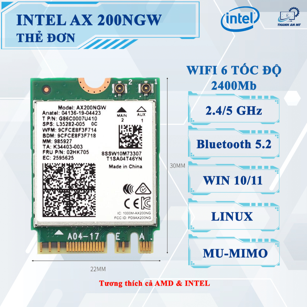 การ์ด WiFi Intel AX200 WiFi 6 บลูทูธ 5.2 | ความเร็วสูงสําหรับแล็ปท็อปและพีซี