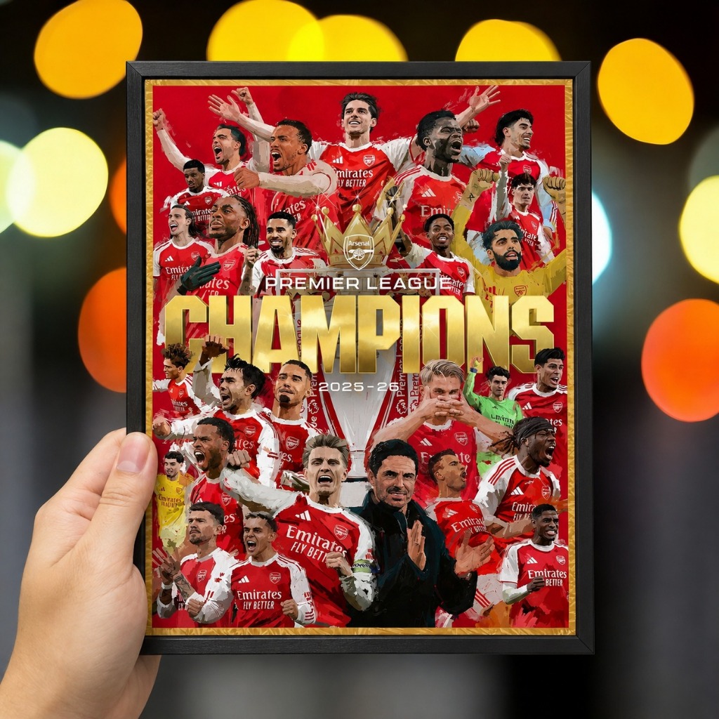 Arsenal Champions Poster 2025-26 - รูปลอกติดผนังนักฟุตบอล Formex Black Border