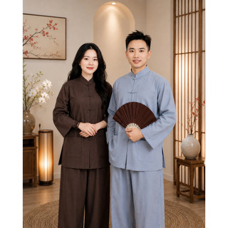 Pháp phục đồ lam đi chùa truyền thống nam/nữ nút cây vải kate loại 1 mát thấm hút mồ hôi - Lam Tuệ Anh