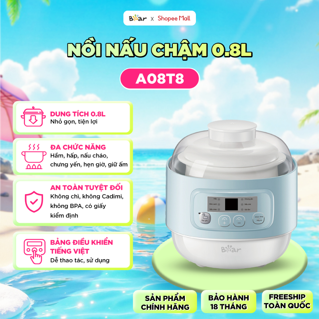 BEAR หม้อตุ๋น 0.8L หม้อตุ๋นสําหรับรังนกทําอาหารโจ๊กสําหรับแม่และทารกหม้อสตูว์สําหรับทารกหย่านม DDZ-A