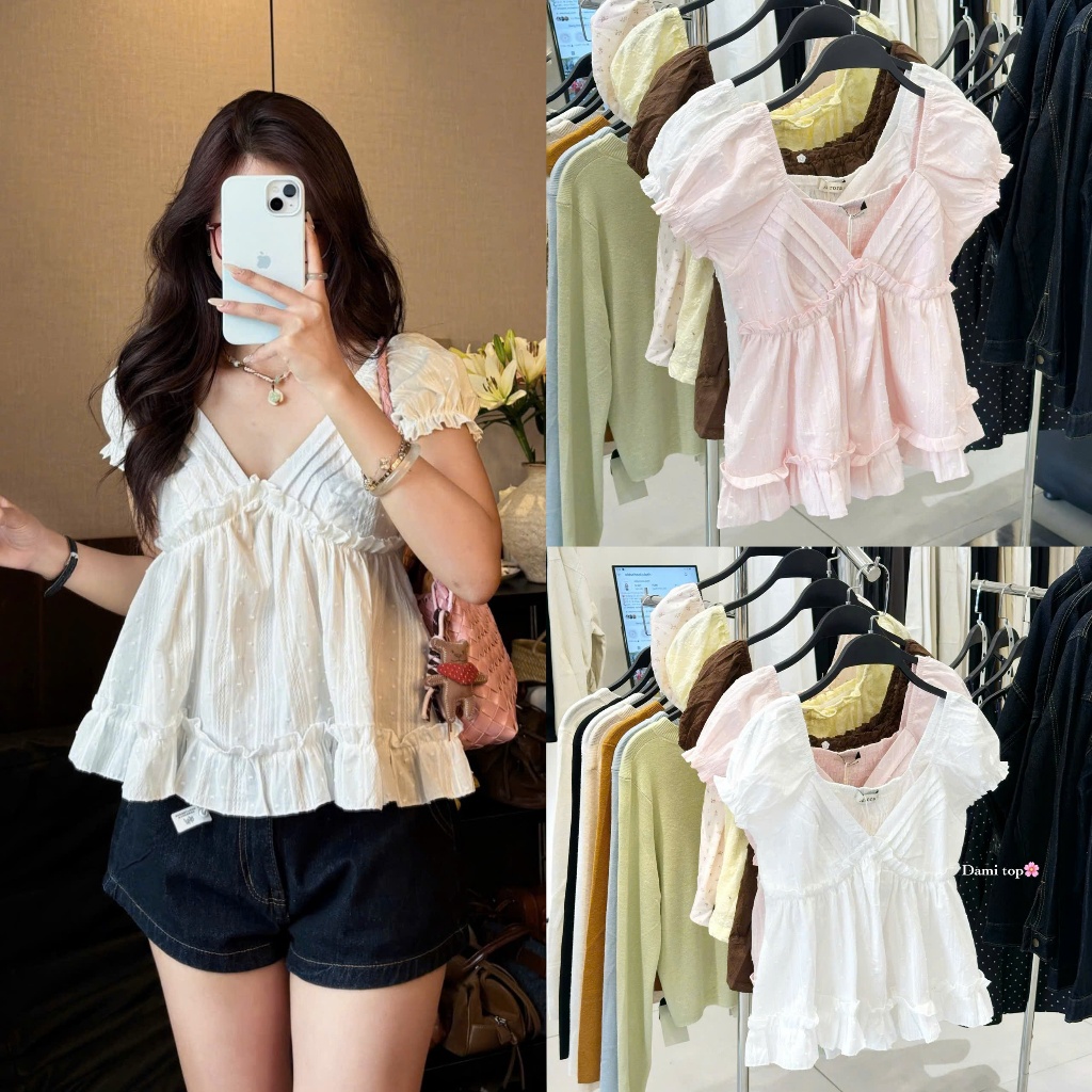 (OLDSCHOOL PHOTO) เสื้อเชิ้ตลายจุดลายจุดจีบหรูหรา A1269 DAMI TOP.