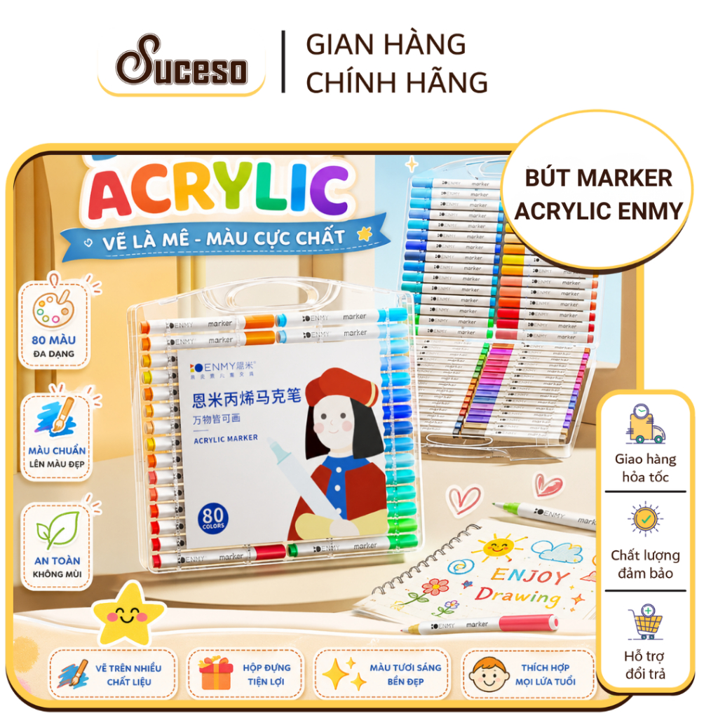 Bút Marker Acrylic Enmy 12/24/48/60/80 Màu - Bút Vẽ Acrylic Không Lem Vẽ Đa Bề Mặt Chống Nước SUCESO