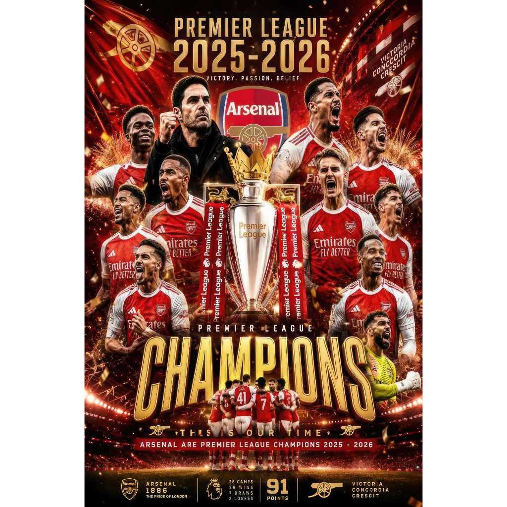 โปสเตอร์ขนาดใหญ่ Arsenal FC NHA Championship 2025-2026 รูปลอก กาวลอกแล้วติด