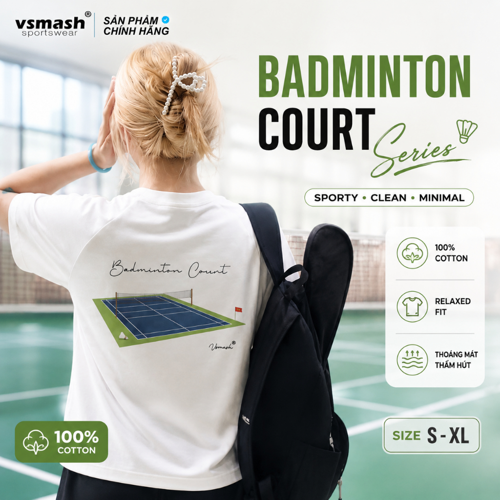 เสื้อยืดแบดมินตันผ้าฝ้าย Unisex Vsmash Sportwear "BMT COURT V.2" – ผ้าคอตตอนเด็กเนื้อนุ่ม ระบายอากาศ