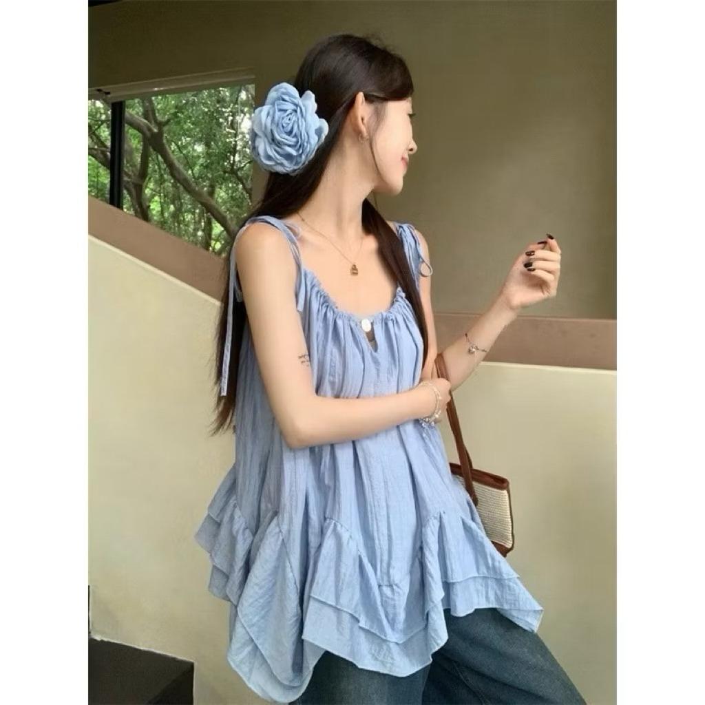 BEAUTIFUL Sponge Sponge Silk Two-String Shirt, MINT BLUE 2-LAYER Ruffled Two-String Shirt for the Be