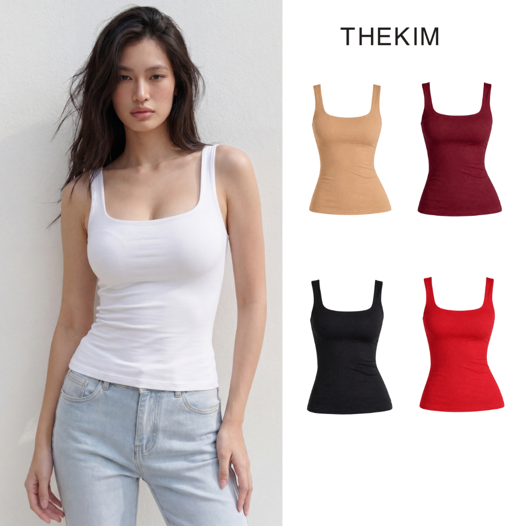 THEKIM เสื้อยืด 2 สายใหญ่ (แผ่นรองนมถอดได้) มีคอ U หลากสี เสื้อยืดสองสายยาว T229