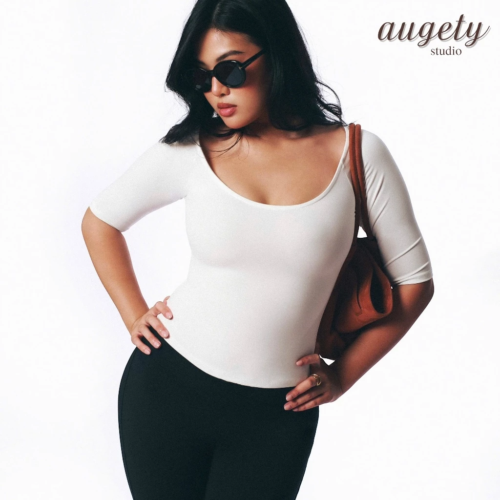 [สีใหม่] Augety Studio คุณภาพสูงผ้าครึ่งแขนรอบคอเสื้อยืดเอวหลวม, LANI Top