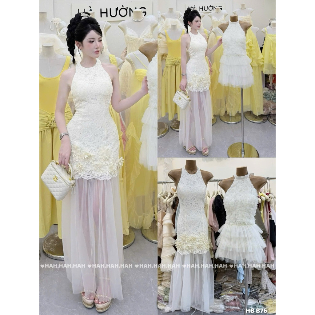 HBB76 เดรสลูกไม้ลายดอกไม้เลเซอร์คล้องคอและขาตาข่ายยาวสไตล์เลดี้ ชุดชั้นในป้องกัน