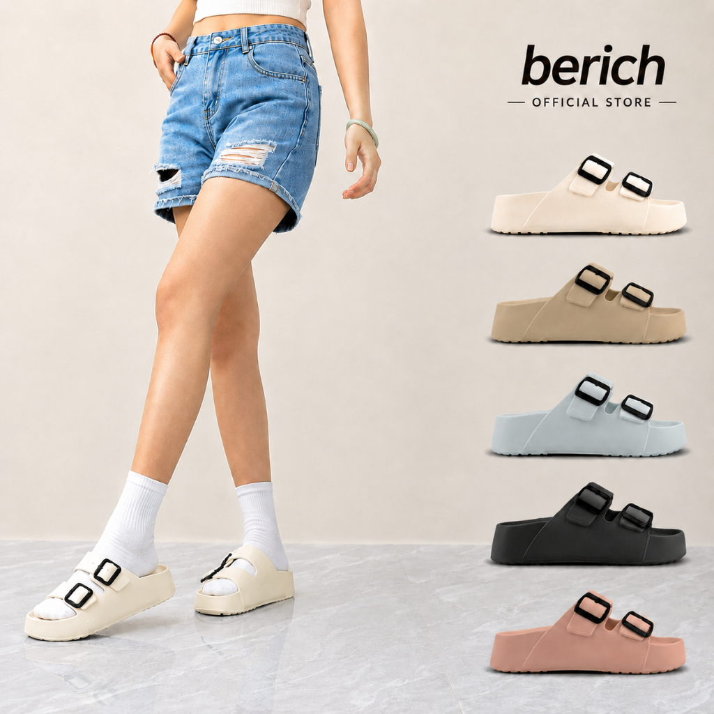 Berich รองเท้าแตะขนมปัง Unisex น้ําหนักเบา EVA High Sole 2 สายรัดปรับได้สไตล์เกาหลี BE522