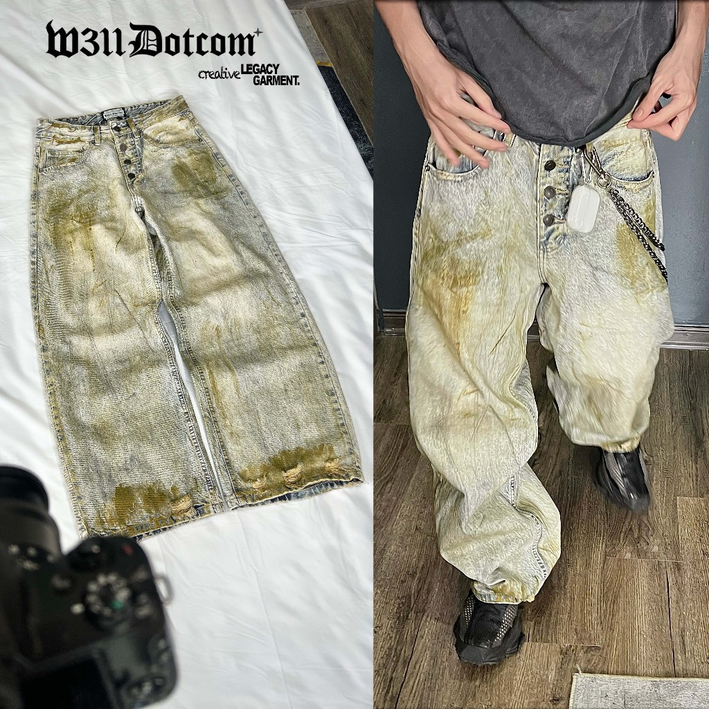 Baggy Mud-Waxed Jeans 13Oz Vintage Washing - กางเกงล้างขากว้าง Dirty Mud Effect