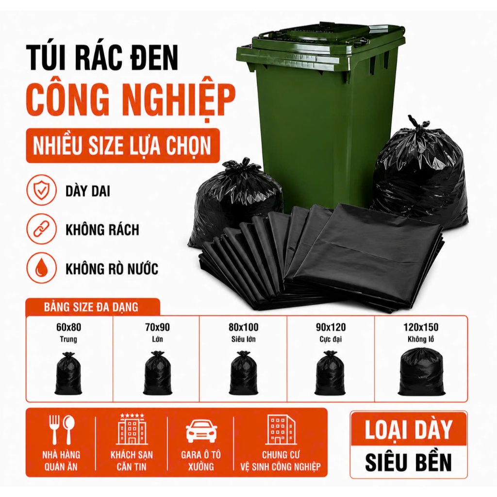 Combo 7kG ถุงขยะสีดําอุตสาหกรรมขนาดใหญ่โดยไม่ต้องจับหลายขนาด - phuongvinh1983
