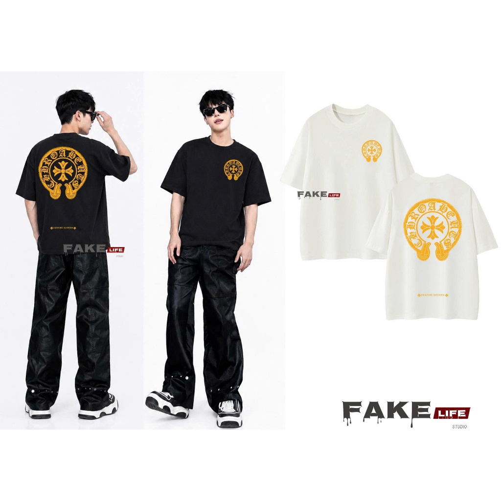 เสื้อยืดพิมพ์ลายคุณภาพสูง MODEL CHORME HEARTS unisex FAKE LIFE รูปแบบหลวมสําหรับผู้ชายและผู้หญิงผ้าฝ