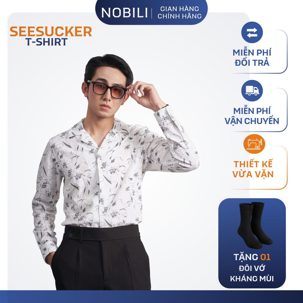 เสื้อเชิ้ตผู้ชายสีขาวลายดอกไม้และคอปก CUBAN วัสดุ SEESUCKER ฤดูร้อนเย็น – NOBILI.SMD162