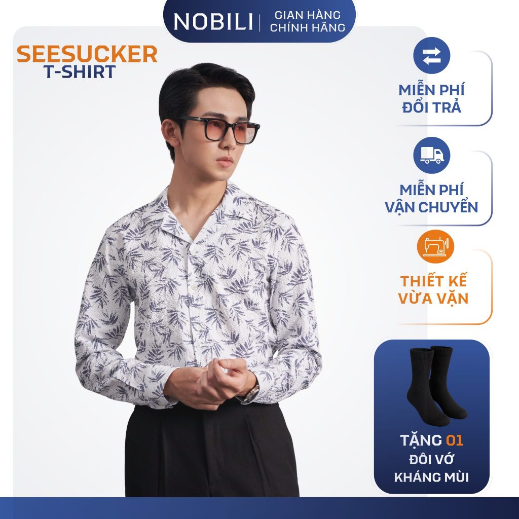 เสื้อเชิ้ตผู้ชายสีขาวลายดอกไม้และคอปก CUBAN วัสดุ SEESUCKER ฤดูร้อนเย็น – NOBILI.SMD161