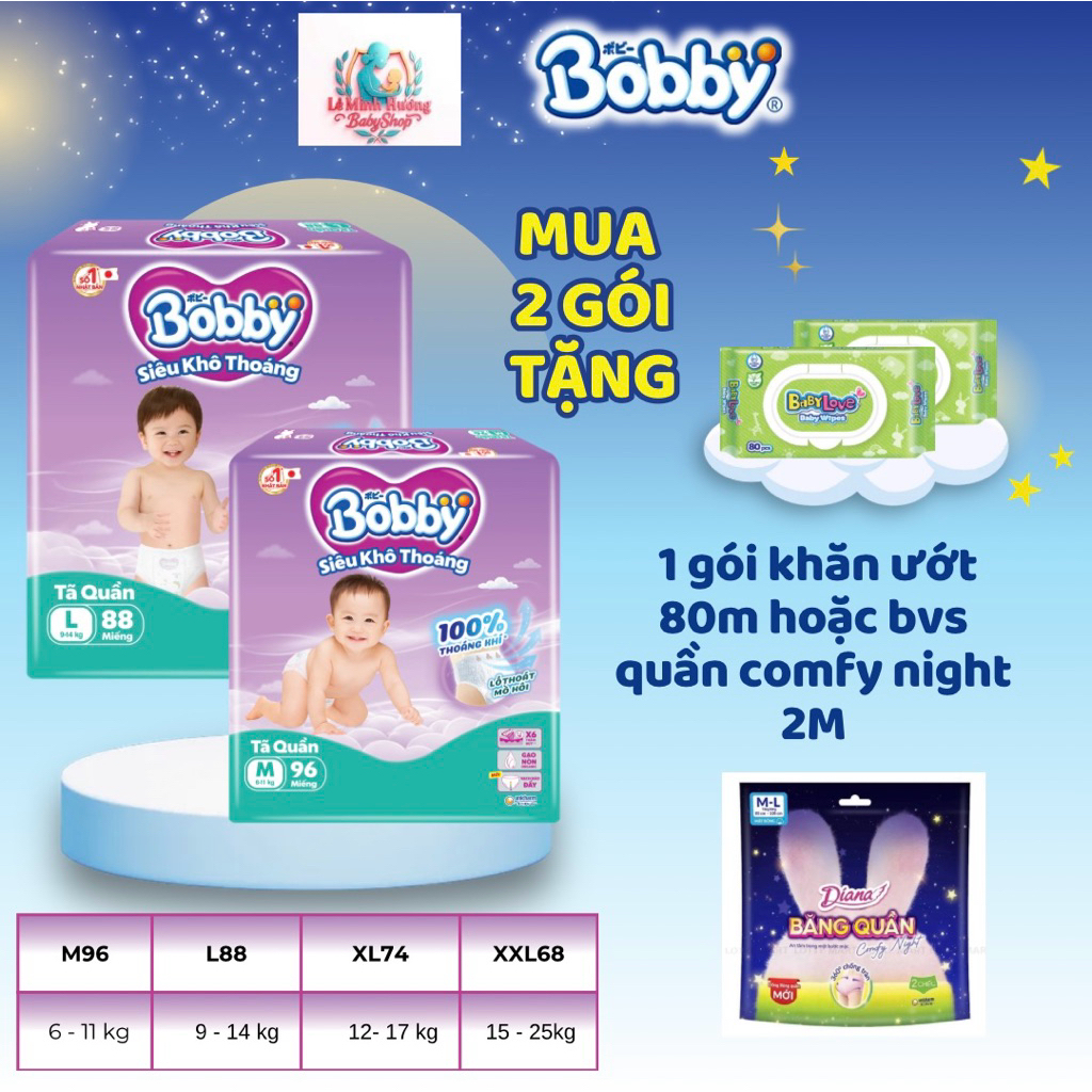 [COMBO 2 PACK GET 1B WET TOWEL OR 2C BOT TAM 50ml] กางเกงผ้าอ้อม Bobby Ultra ทุกขนาด M96,L88, XL74, 