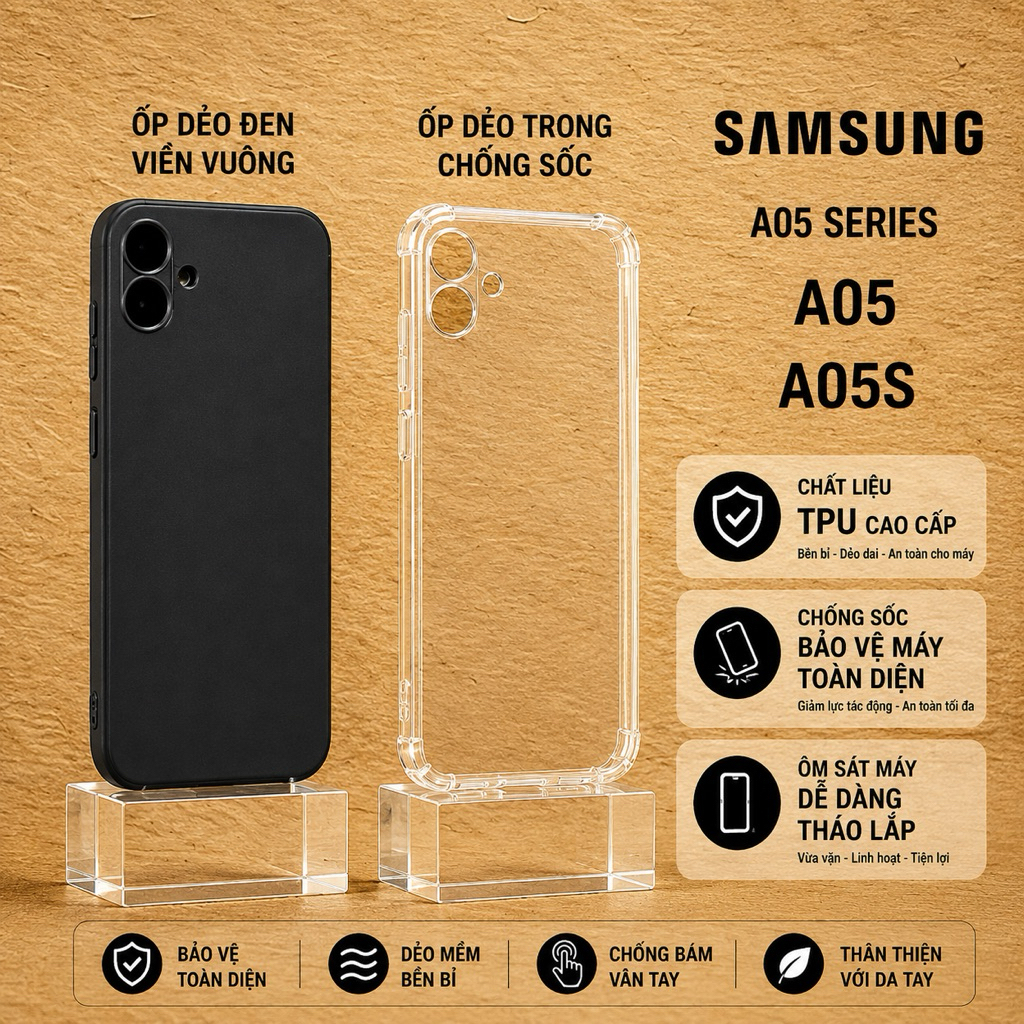 เคส Samsung A05 / A05S BLACK TPU ซิลิโคนใสยืดหยุ่นคุณภาพสูง กันกระแทก ขอบสี่เหลี่ยมปกป้องโทรศัพท์