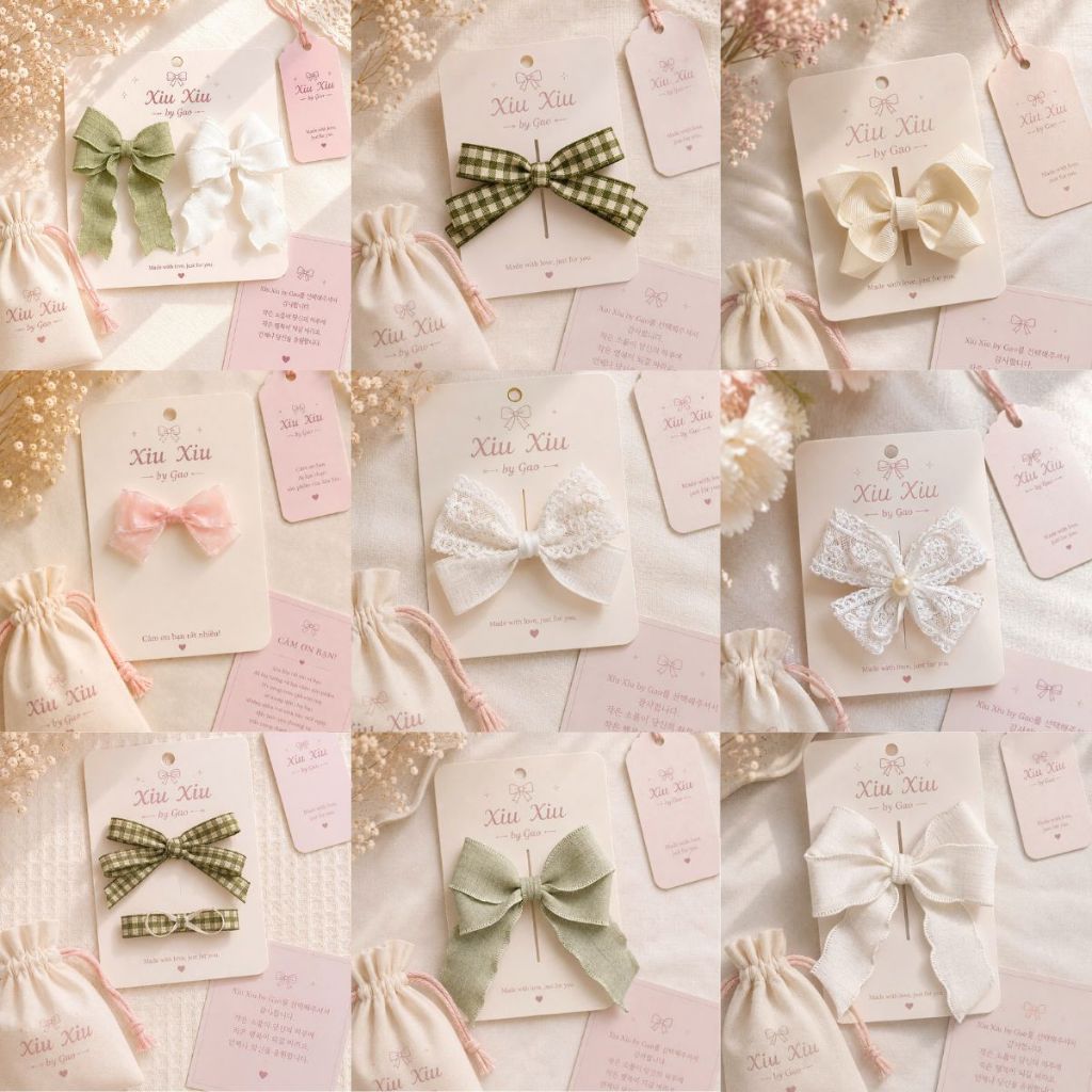 Xiu Xiu Handmade โบว์ติดผมเด็กผู้หญิงทําจากลูกไม้ลายตารางผ้าลินินสไตล์เกาหลีน่ารักสําหรับเด็ก