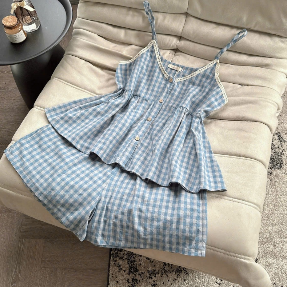 น่ารักมาก MI.YE ชุดเสื้อ 2 ชิ้นพร้อมตัดต่อลูกไม้และกางเกงขาสั้น QCCC Minxu Shop TH96