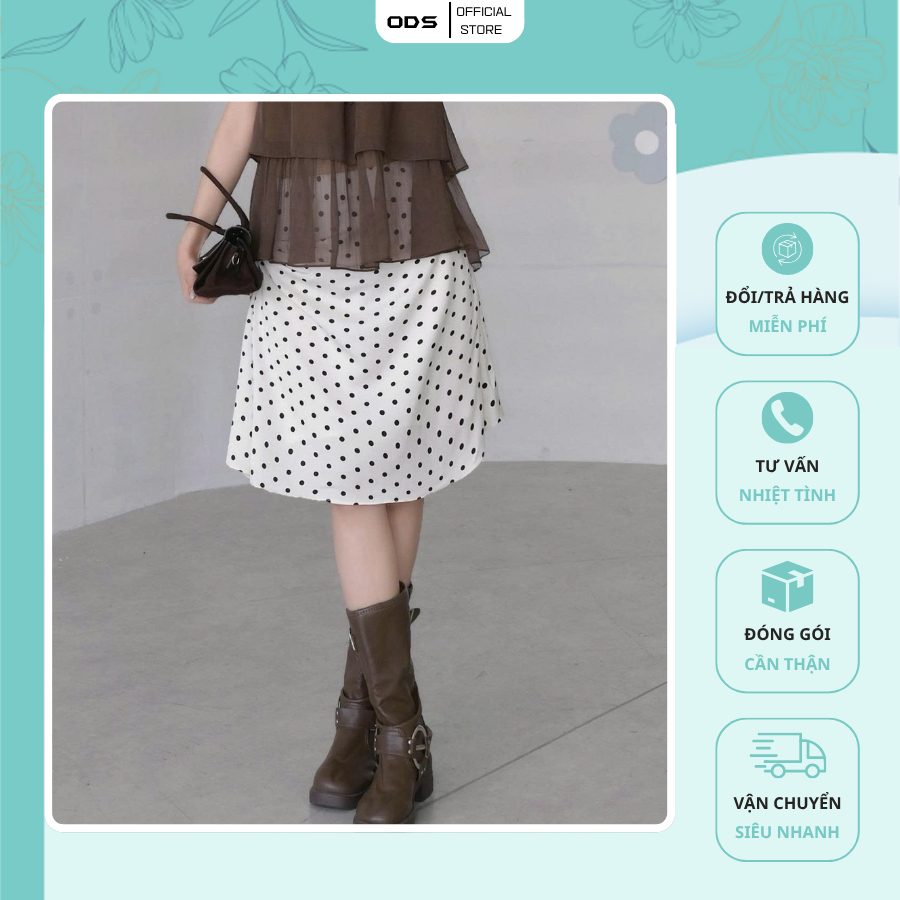 ODS Cream Bi A-Line กระโปรงดีไซน์จับจีบ ซิปข้าง ซับในอ่อนเยาว์และบุคลิกภาพ - JJ13