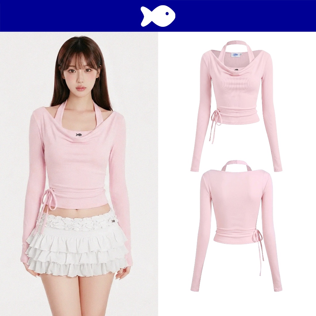 DKMV เสื้อคอเต่าแขนยาวพร้อมเสื้อครอปด้านใน ลายเรียบเบสิคผูกเอวสีชมพู Enid Top | K-T61-H
