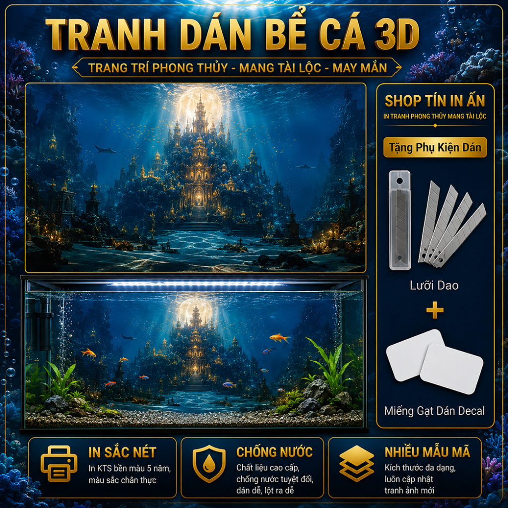 3D Aquarium Yellow Moon สติกเกอร์, กันน้ํา Blue Sea Aquarium ฉากหลังรูปลอก HC033 พิมพ์ดิจิตอล