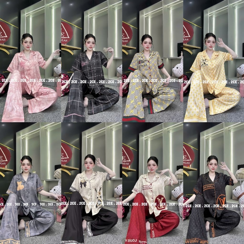 [2CE]SMOOTH SILK SET WITH SHORT SLEEVES COVERED BUTTON DESIGN