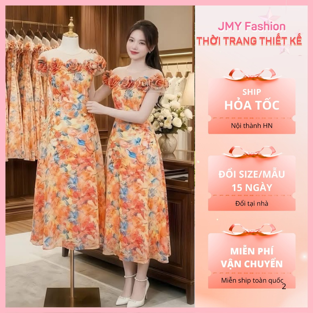(FIRE) DS8199 ชุดเดรสดีไซน์คอบานลายดอกไม้เปิดไหล่และดอกไม้เรียบหรู ของแท้ DVC