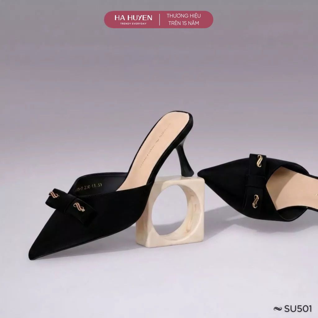 [PREMIUM] HA HUYEN รองเท้าส้นสูงผู้หญิงหัวแหลม หนังด้าน โบว์ ส้นกริช 6 ซม. - SU501