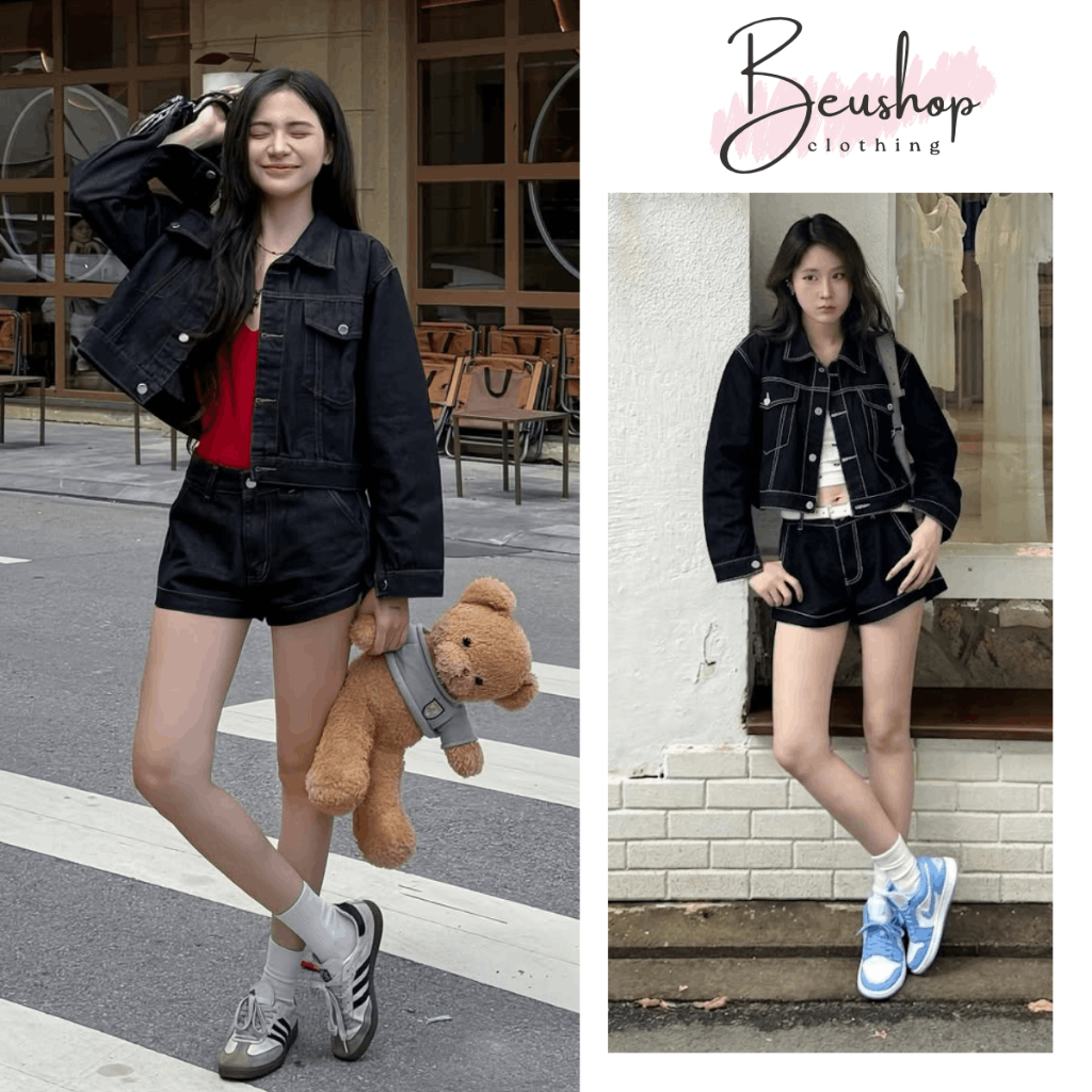 [ใหม่ ข้อเสนอ] ผู้หญิง Crotop Jean Jacket สีดําสีเทานูนด้ายสั้นรูปแบบตรง Soft Denim Jean Jacket Butt