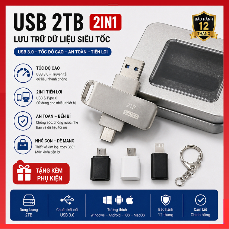 แฟลชไดรฟ์ USB 3 in 1 2TB 128GB 64GB 32GB 16GB 8GB USB 2.0 ดิสก์ U ความเร็วสูง, ไดรฟ์ปากกาโลหะ Type-C