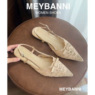Giày Sandal Mũi Nhọn MEYBANNI Đế Bệt Ren Hoạ Tiết Thêu Sang Chảnh - B40