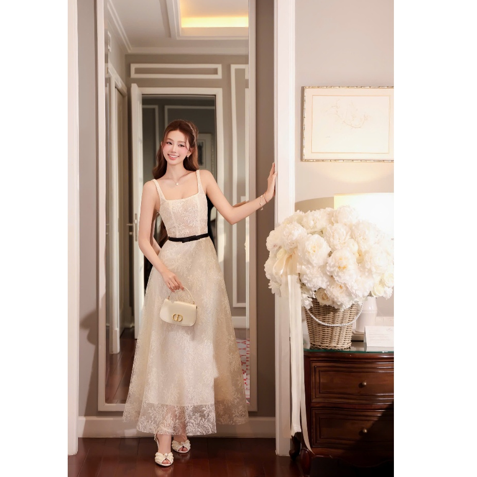 ชุดเดรสมุก 2S ลายลูกไม้พร้อมโบว์เอว Pearl Ali Fashion Design