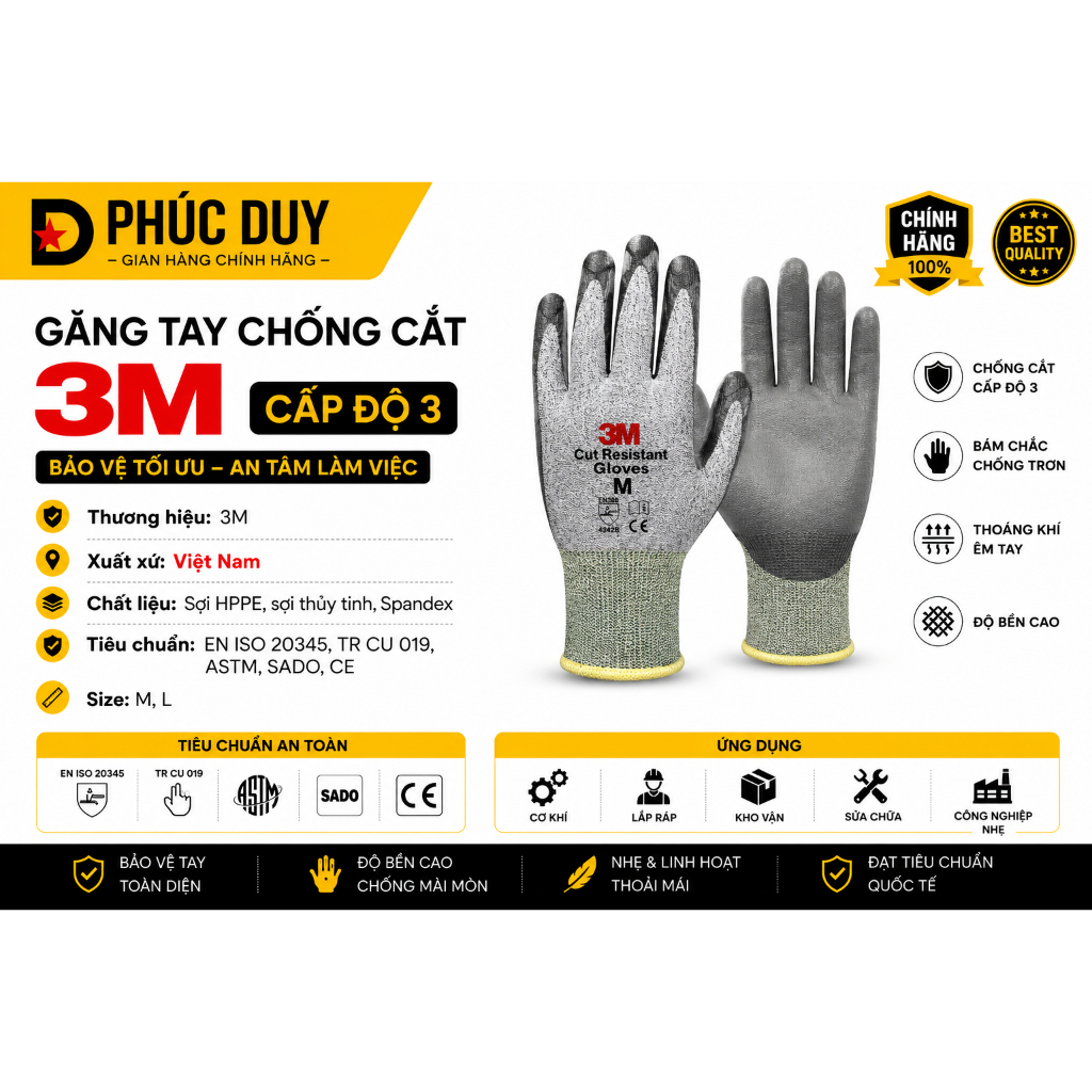 3M LEVEL 3 CUT-RESISTANT GLOVES Anti-Pierce • เคลือบ PU • ของแท้