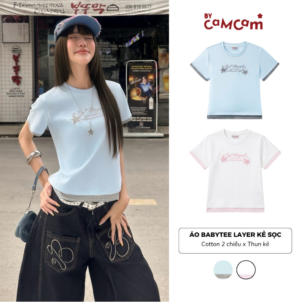 Babytee Layered Plaid Shirt Bycam เสื้อยืดผ้าฝ้ายปักผู้หญิงอินเทรนด์ ABN522