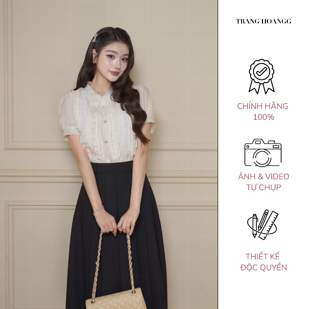 Delicate Cream Crep Silk Shirt with Ruffled Lace_SM20264 _TrangHangg