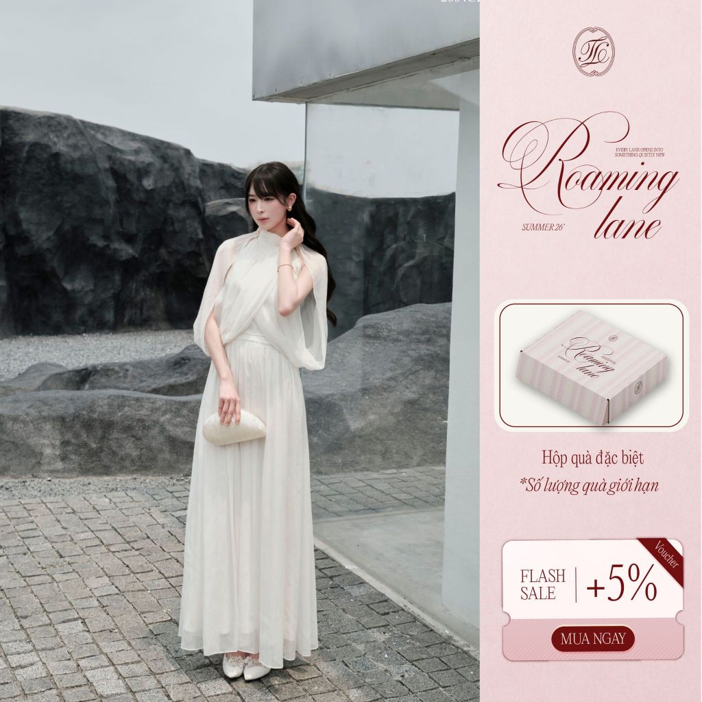 [Roaming Lane Collection] TINSTORE เสื้อสายเดี่ยวเปิดไหล่คอเต่าพร้อมกระโปรงเที่ยวทะเลยาว 2604A0D079 