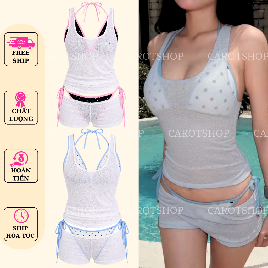[FIRE] ชุดบิกินี่ตัดแต่งสีฟ้า/ชมพู + ชุดต้นขาผ้าฝ้ายกระดาษ K6964 K7007_CAROTSHOP