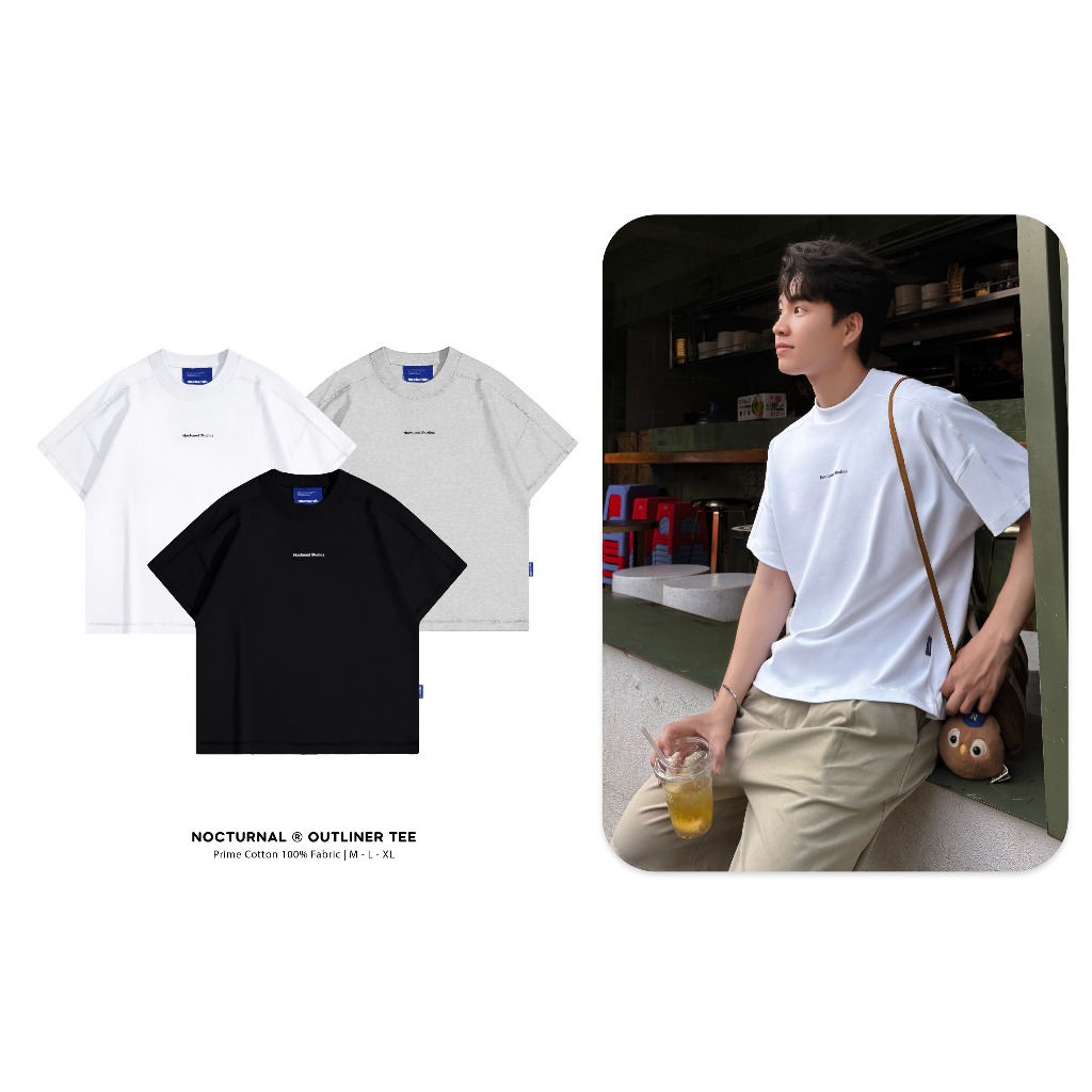 รูปแบบ Boxy เสื้อยืด NOCTURNAL Outliner Tee Prime Cotton 100% ผู้ชายผู้หญิง Unisex Localbrand โลโก้ Cao Thanh แท็กหนัง