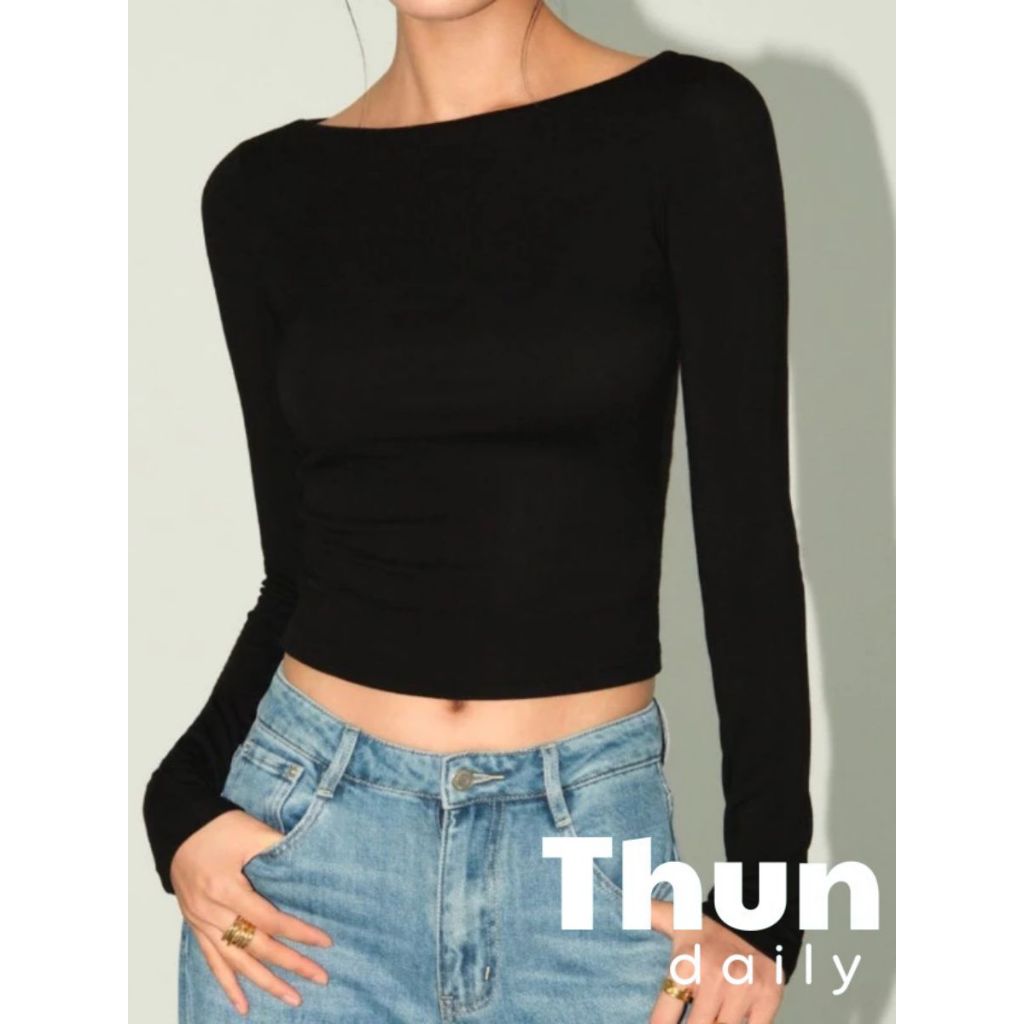เสื้อยืดแขนยาวคอปาดผู้หญิง-ยางยืด [ไปที่00300]