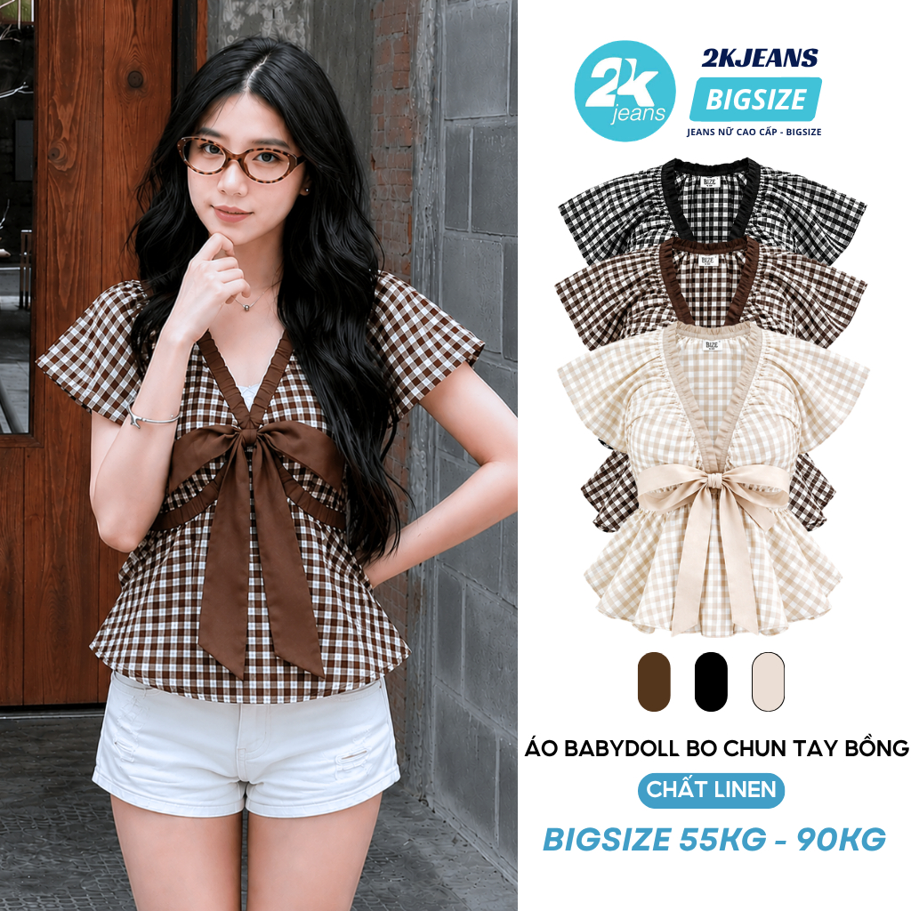 เสื้อเชิ้ตลายทาง Babydoll แขนผ้าลินินขนาดใหญ่และผูกโบว์ 2Kjeans_Bigsize AT9128