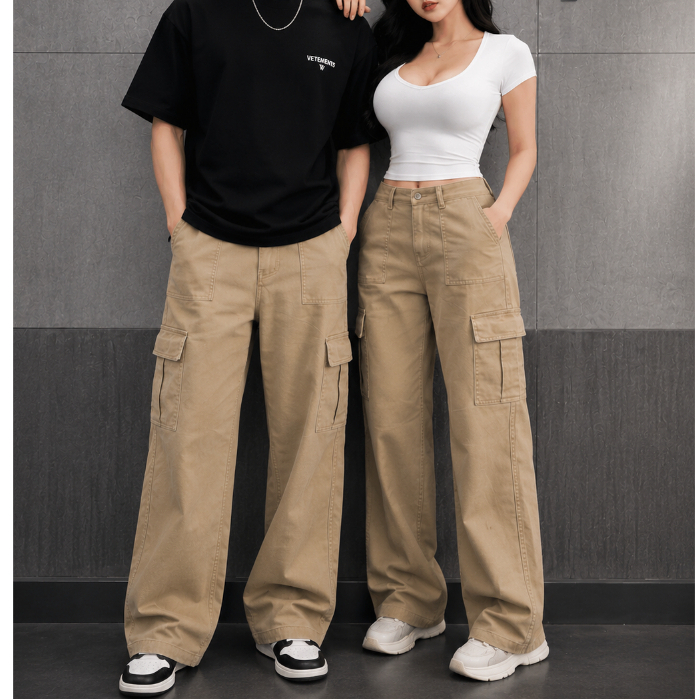 กางเกงคาร์โก้ผู้หญิงหลวมอย่างเป็นทางการกล่องกระเป๋าStreetwear Ulzzangสวยหนาสีกากี- Em Xinh Shop