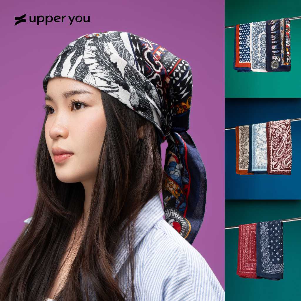 Upper You Square Premium BANDANA Turban ผ้าพันคอ 68x68 ซม.ผ้าหนารูปแบบที่สวยงาม Retro อินเทรนด์รูปแบ