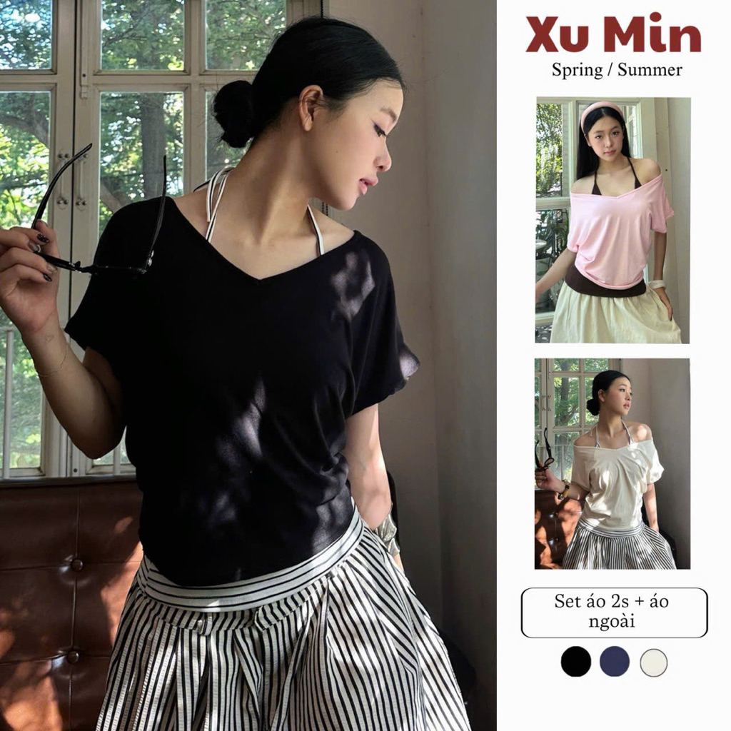 ชุดเสื้อยืด Xu Min Min (เสื้อ 2s + เสื้อตัวนอก) ทรงคอเต่าอินเทรนด์ (ชุดคอการ์ด)