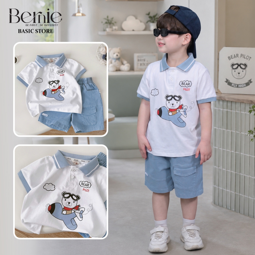 ชุดแขนกุดผ้าฝ้ายเด็กชาย Bernies Bear Pilot - ชุดแขนกุดฤดูร้อนสําหรับเด็กผู้ชาย 9-24kg - H1225B01D