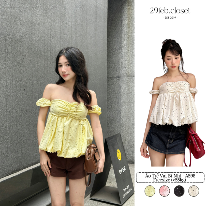 เสื้อปาดไหล่ลายจุด เสื้อปาดไหล่ผู้หญิงลายจุดรับซัมเมอร์ - 29feb.closet – A598