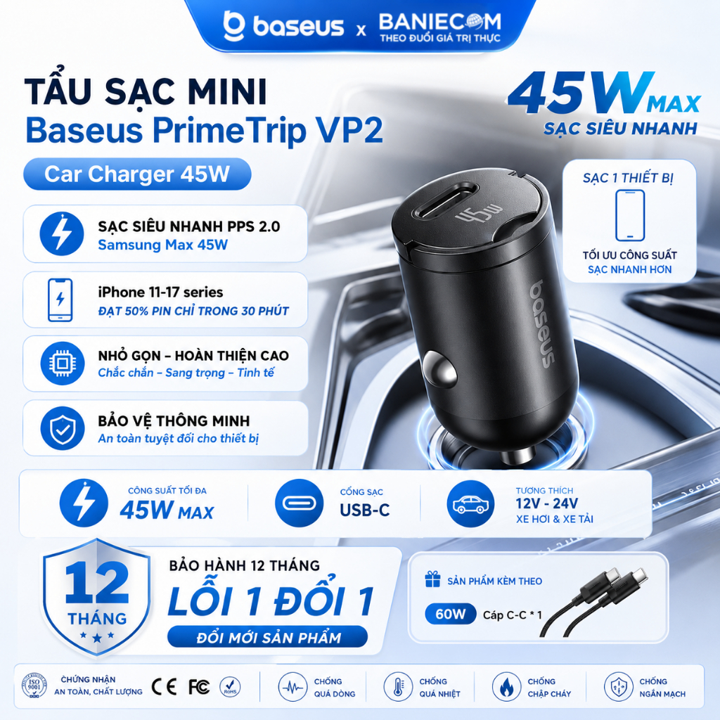 Baseus PrimeTrip VP2 Car Charger 45W Fast Charger พร้อมสาย C ถึง C 60W แหล่งจ่ายไฟ 12-24V PD/QC/PPS