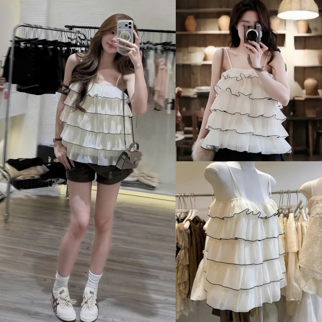 XiCi Top Flared Layered Lace 2-String Shirt เหมาะสําหรับฤดูร้อนไปคาเฟ่และไปชายหาดสําหรับชีวิตเสมือนจ